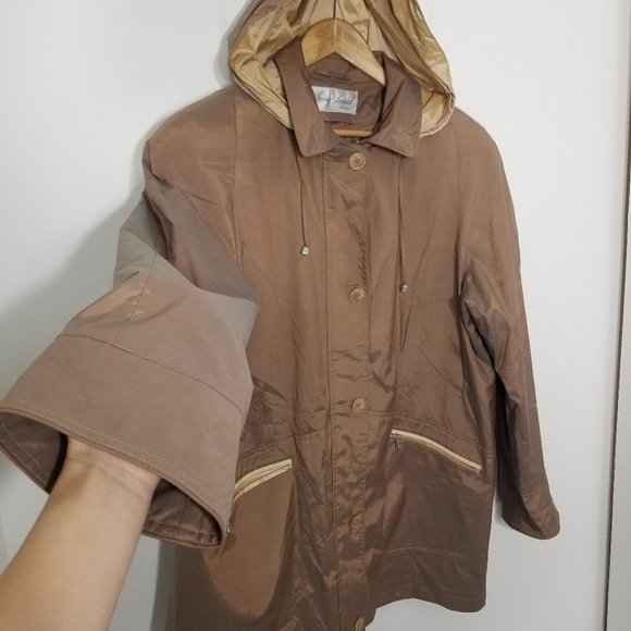 Irving Samuel Removable Hoodie Cotton Blend Rain Coat Zip Front Pocket Shimmer - Picture 5 of 13